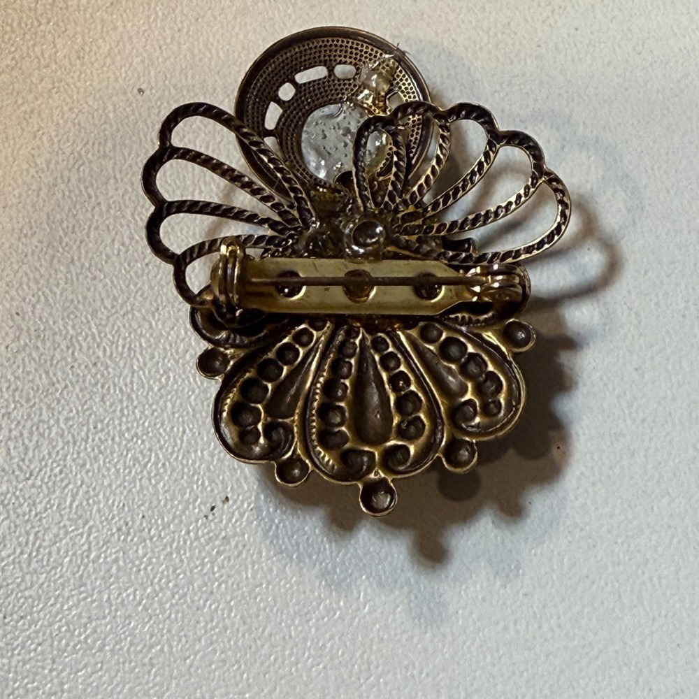 Vintage Gold Tone Brooch with Rhinestone Center & US Seal Button - Picture 2 of 3
